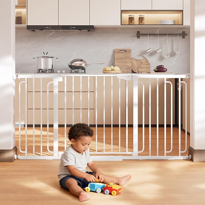 Cumbor Extra Wide Baby & Pet Gate Set, 29.7-48" & 36.6-64" Gates with Dual-Lock, Auto-Close, One-Hand Operation for Stairs, Hallways & Doorways