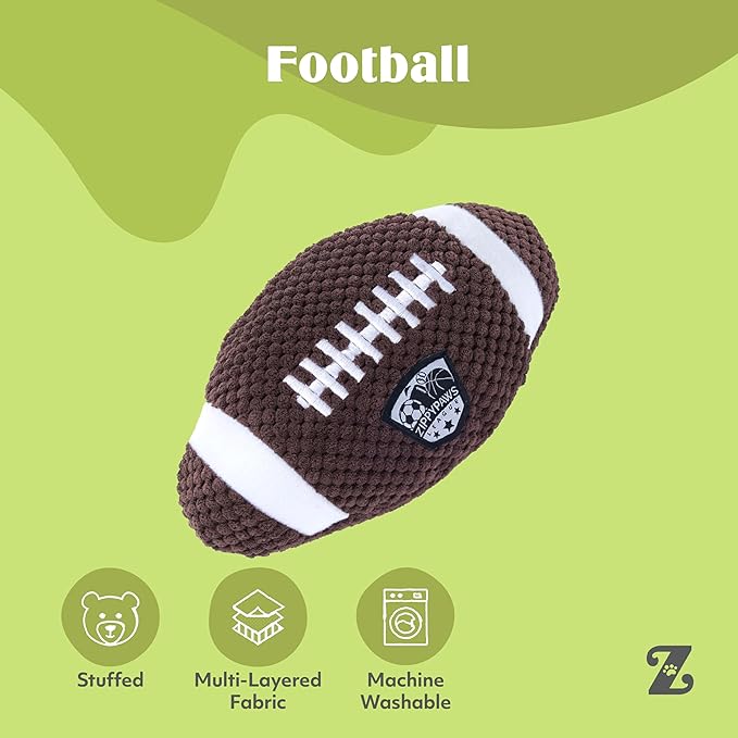 ZippyPaws SportsBallz - Dog Squeaky Toys to Keep Them Busy, Funny Plush for Small, Medium, & Large Dogs, Cute Stuffed Puppy Toy, Pet Products, Gift for All Breeds - Football & Basketball