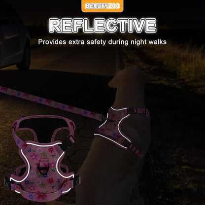 BEAUTYZOO No Pull Dog Harness and Leash Set with 2 Metal Leash Clips - Overhead-Free 3 Snap Buckles Design, Adjustable No-Choke Soft Padded Reflective Oxford Pet Vest for Small Medium Large Dogs, Pink