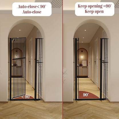 Glaf Extra Tall Pet Gate 63" Pressure Mounted Cat Door Safety Metal Cat Gate Adjustable Width Dog Door Auto-Close Dog Gates for Doorways, Stairs, Kitchen, Hallway (Black, 33.86-37.4")