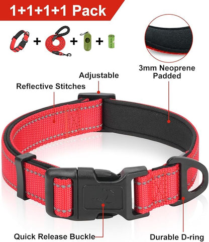 Dynmeow Reflective Dog Collar and Leash Set, 6FT Strong Climbing Rope Leash with Padded Handle, Adjustable Pet Collar with Soft Neoprene Padding for Small Medium Dogs, Red, S