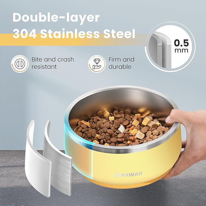 Pawaii Dog Bowl, 34 oz Double-Wall Stainless Steel Food and Water Bowl, Non-Slip Rubber Base, Dishwasher Safe, ID Tag Included, (1 Pack)