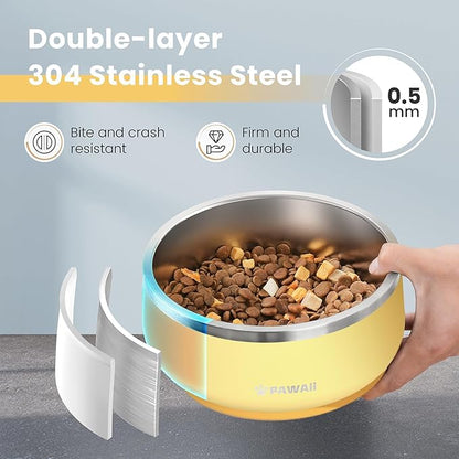Pawaii Dog Bowl, 34 oz Double-Wall Stainless Steel Food and Water Bowl, Non-Slip Rubber Base, Dishwasher Safe, ID Tag Included, (1 Pack)