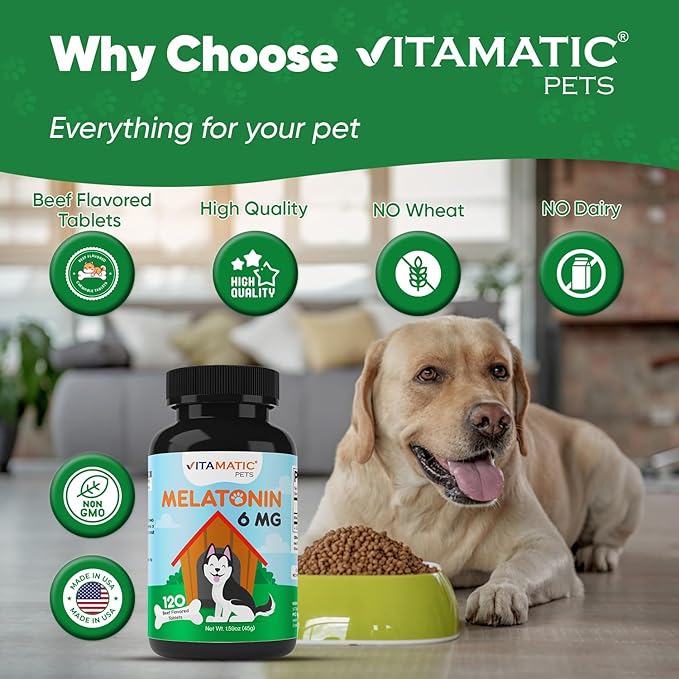 Vitamatic Melatonin for Dogs – 6 mg – 120 Chewable Tablets (Pack of 3) Beef Flavored – Natural Calming Aid for Dogs – Non-Habit Forming – Stress & Sleep Support