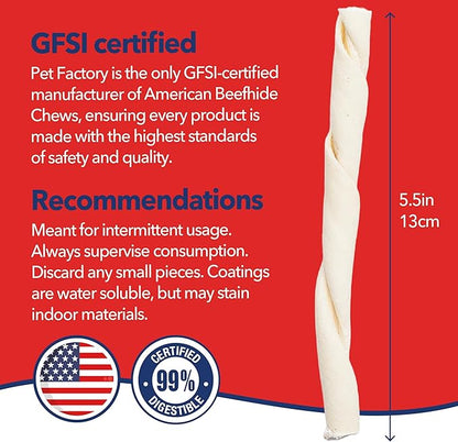 Pet Factory American Beefhide 5in Twist Sticks Dog Dental Chews - Natural Rawhide Dental Chews for Small to Medium Dogs, Promotes Oral Health - Natural, 5 Inches (1 lb Pack)