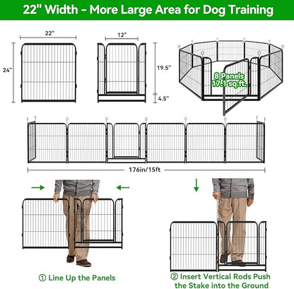 Kfvigoho Puppy Playpen 8 Panels Small Dog Fence Outdoor Indoor Use 24" Height Anti-Rust with Doors Portable Dog Play Pen for RV Camping Yard, Total 17FT, 25 Sq.ft, Snowy Black