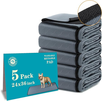Bunlitent Washable Pee Pads 5 Pack, 24" x 36", Reusable Pee Pads for Dogs, Puppy Pads Washable with Quick Dry, Anti-Slip Dog Pee Pads, Whelping Pads, Dog Carpet