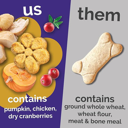 Fruitables Baked Dog Treats, Healthy Pumpkin Treat for Dogs, Low Calorie & Delicious, Made Without Wheat, Corn and Soy, Made in The USA, Allergy Friendly, Chicken and Cranberry Flavor, 7 oz