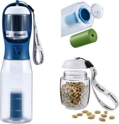 Cibaabo Dog Water Bottle with Food Container & Poop Bag Holder, Travel Water Bowl, Portable Pet Dispenser, Dog Gifts Stuff Accessories Items, Puppy Essentials for Yorkie Chihuahua Walking Hiking