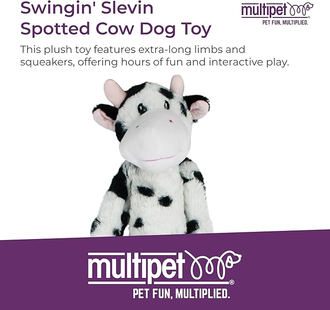 Multipet Swingin' Slevin Cow Dog Plush Toy - Squeaky Toys for All Dogs - Extra Soft Plush - Stuffed Animal for Cuddling & Playing - Cute (27”, White, 5 Squeakers)