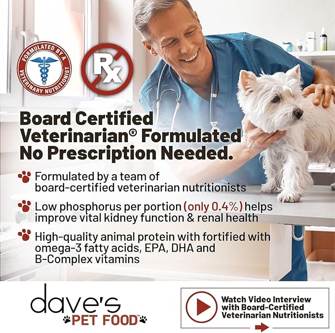Dave’s Pet Food Kidney Support for Dogs with Renal Support (Chicken Formula Crumble) Non-Prescription Low Phosphorus Restricted Diet Dog Food, Added Vitamins Minerals & Taurine, Vet Formulated (13 oz)