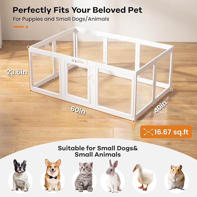 Clear Acrylic Dog Playpen Indoor, Puppy Cat Small Pet Play Pen, Pet Cat Playpen for Rabbits, Dog Fence Crate Kennel Whelping Cage (24", White, 10 Panels)