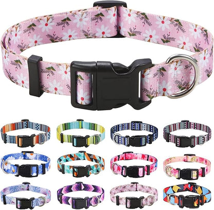 Mihqy Dog Collar with Bohemia Floral Tribal Geometric Patterns - Soft Ethnic Style Collar Adjustable for Small Medium Large Dogs (Pink White Flower,S)