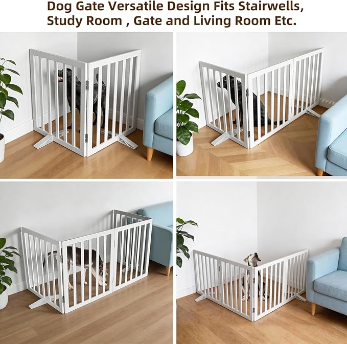 Dog Gate Indoor, Freestanding Dog Fence for The House, Doorways, Hallways,or Stairs,Pet Gate Foldable Wooden,Expandable 24" Height 2 Panels,White