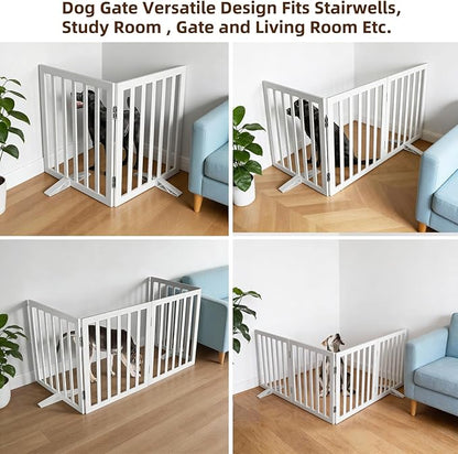 Dog Gate Indoor, Freestanding Dog Fence for The House, Doorways, Hallways,or Stairs,Pet Gate Foldable Wooden,Expandable 24" Height 2 Panels,White