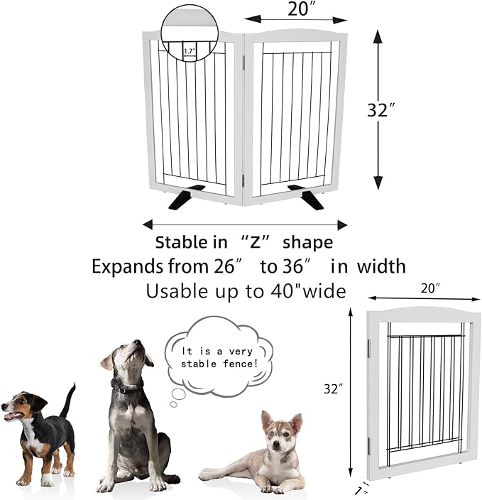 ZJSF Freestanding Dog Fence Indoor, Foldable Dog Gate for Doorways, Stairs or Hallways, Sturdy Wood Extra Wide Pet Gate with Support Feet for The House, White, 32 "Height-2 Panels