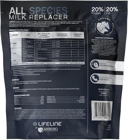 ANNUSO LIFELINE All Species Milk Replacer 20:20, 10lb Bag - All-Milk Formula with LifePulse - For Calves, Piglets, Foals - Supports Growth, Digestion, Immunity - Easy Mix, High Protein & Fat Blend