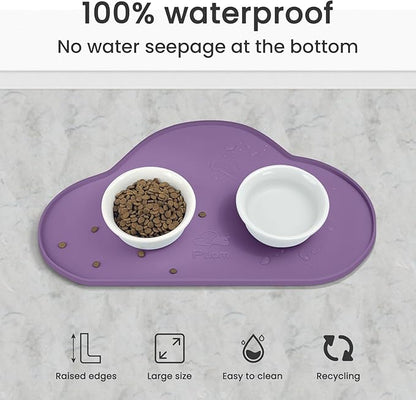 Ptlom Dog Food Mat Anti-Slip Dog Bowl Mats for Food and Water, Waterproof Pet Placemat Prevent Messy Spills to Floor, High-Lips Puppy Feeding Trays for Small Medium Large Dogs Cats, Silicone, Purple