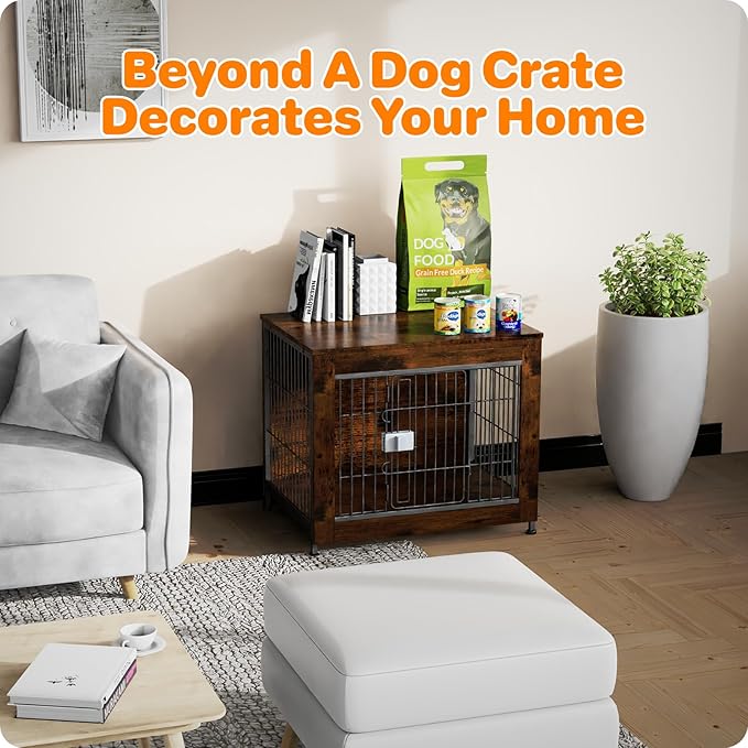 Dog Crate Furniture, Wooden Dog Crate 27in, Decorative Cage with End Table for Dog Indoor Kennel, High Anxiety Dog, Escape-Proof Locks for All Breeds