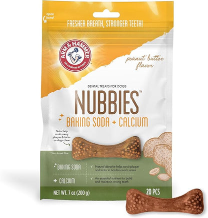 Arm & Hammer for Pets Nubbies Dental Treats - Baking Soda & Calcium Dog Dental Chews, Nubbed Texture Helps Scrub Plaque & Tartar While Chewing, Peanut Butter Flavor, 20 Count, 7 Ounce