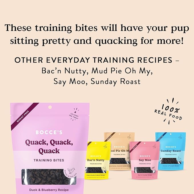 Bocce's Bakery Quack Quack Quack Training Treats for Dogs – Natural, Low-Calorie, Wheat-Free Training Bites Made with Real Ingredients & Baked in The USA – Duck & Blueberry Recipe (2 Pack Bundle)