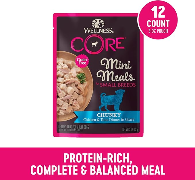 Wellness CORE Small Breed Mini Meals Chunky in Gravy Adult Wet Dog Food, Grain Free, Natural, Chicken and Tuna Dinner Recipe, 3 oz, Pack of 12 Pouches