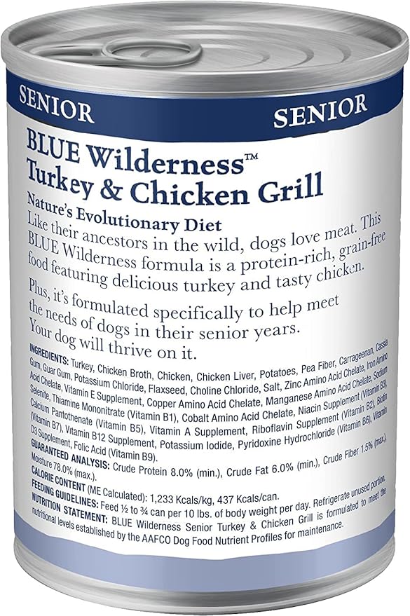 Blue Buffalo Wilderness Natural High Protein Wet Food for Senior Dogs,Turkey & Chicken,12.5-oz Cans,(Pack of 24)