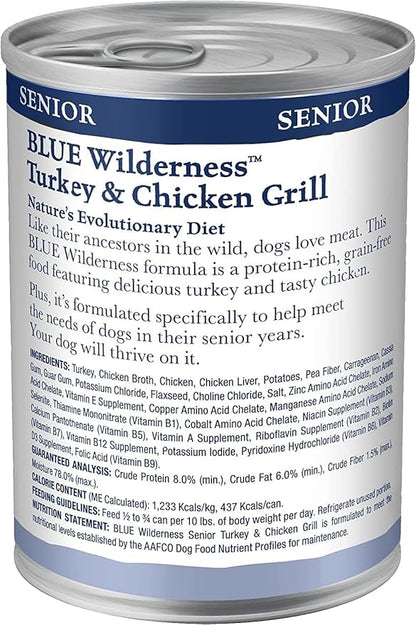 Blue Buffalo Wilderness Natural High Protein Wet Food for Senior Dogs,Turkey & Chicken,12.5-oz Cans,(Pack of 24)