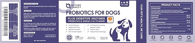 NATURE TARGET Probiotics for Dogs, 6 Billion Dog Probiotics with Prebiotics & Enzymes for Digestive & Gut Health, Pumpkin, Omega-3 & Multivitamins for Itchy Skin, Allergies, 120 Dogs Probiotics Chews