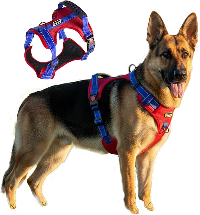 Tactical Dog Harness for Large Medium Dogs No Pull Adjustable Pet Vest with Reflective Straps Front & Back Clips Handle for Hiking Walking Hunting– 4 Sizes with or Without Leash (RED, L)