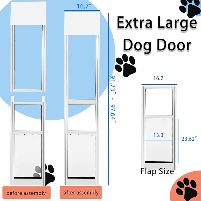 Extra Large Dog Door for Sliding Glass Doors, Adjustable Height 91.73"-97.64",Magnetic Closing Curtain.
