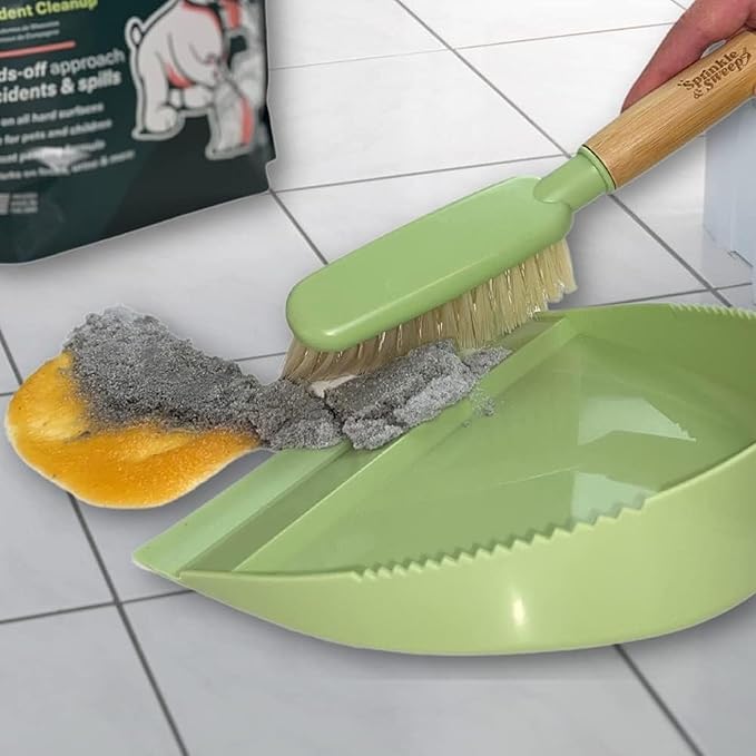 Sprinkle & Sweep: Pet Mess & Odor Cleanup Duo - 15oz Bag & Dustpan Broom - Dog Accident Clumping Powder, Remove Urine-Poop-Vomit from Hard Services