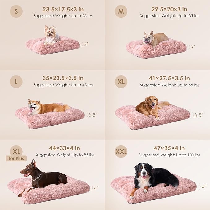 EHEYCIGA Fluffy Dog Crate Bed for Extra Large Dogs, Plush Faux Fur Crate Pad, Calming Anti Anxiety XL Dog Bed, Washable Soft Warm Crate Mat with Non-Slip Bottom, Pink