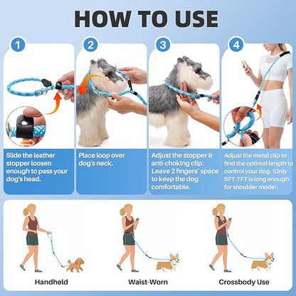 SlowTon Slip Lead Dog Leash, Adjustable 5-7 FT, 1/2” Rope, Heavy Duty Nylon Leashes with Padded Handle & Highly Reflective Threads, No Pull Training Leash for Medium Large Dogs 20-120lb (Light Blue,L)