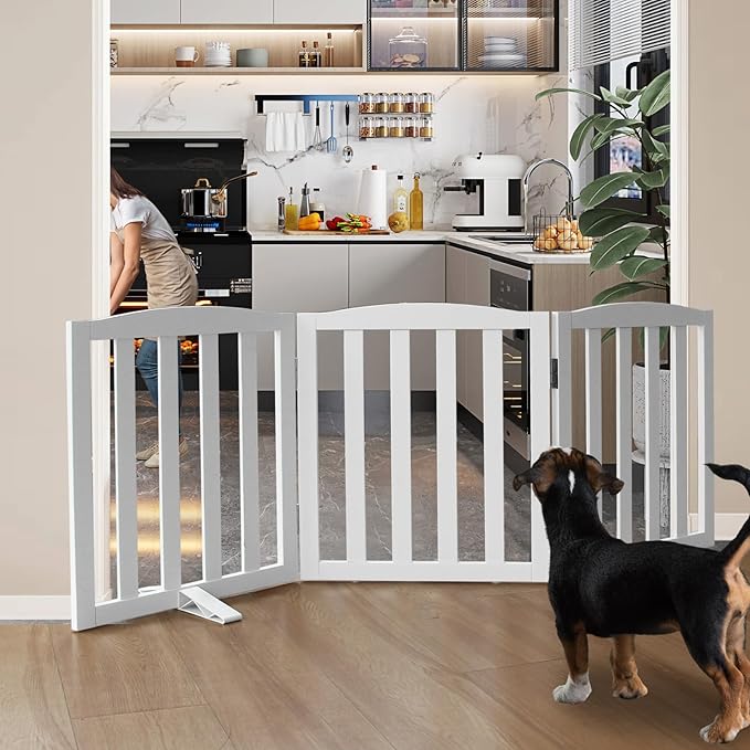 Freestanding Dog Gate Indoor,Doggie Gate Foldable Dog Gates for Doorways,Stairs or Hallways, Wooden White Pet Gate for The House, Pet Fence with Support Feet Included,24 "Height-3 Panels