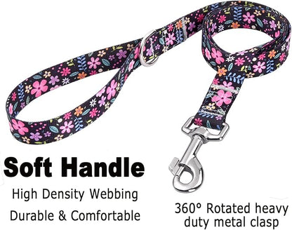 Mihqy Dog Collar and Leash Set with Bohemia Floral Tribal Geometric Patterns - Soft Ethnic Style Collar Adjustable for Small Medium Large Dogs(Floral Set,M)