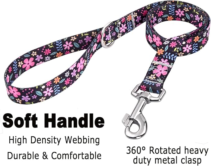 Mihqy Dog Collar and Leash Set with Bohemia Floral Tribal Geometric Patterns - Soft Ethnic Style Collar Adjustable for Small Medium Large Dogs(Floral Set,S)