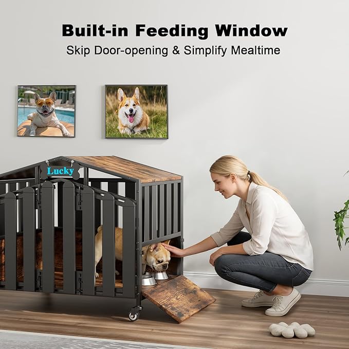 EasyCom 31" Heavy Duty Dog Crate Furniture, Dogs Kennel Indoor with 360° Wheels, Decorative Dog Crates for Small Dogs, Wooden Dog Cage with Feeding Window and Name Tag, Dog House, Rustic Brown