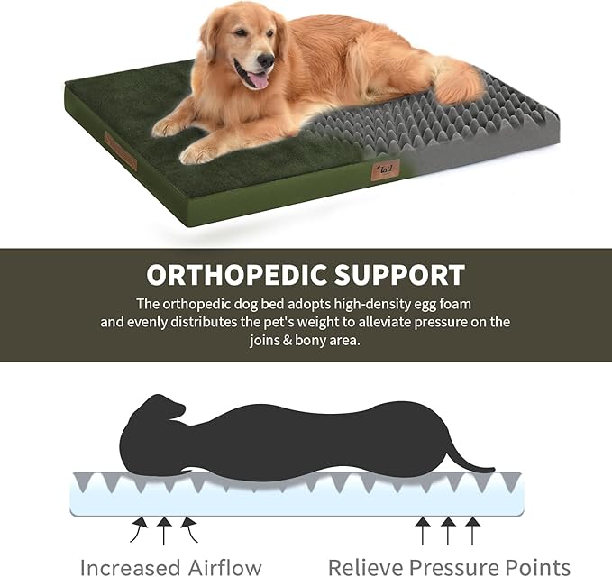 Comfort Dog Bed for Small Dogs & Cats, Waterproof Dog Crate Mat Orthopedic Egg Crate Foam with Washable Removable Cover, Olive Green