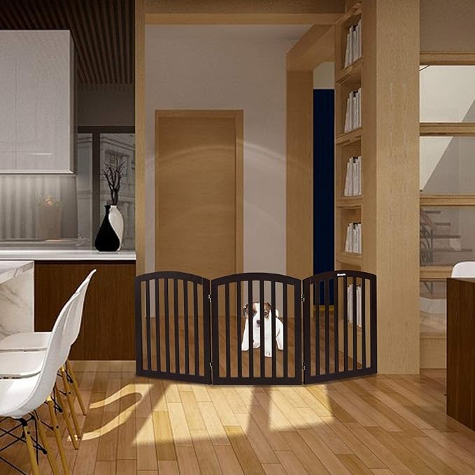 Bonnlo 3-Panel Wooden Free Standing Pet Gate for Dogs, 30'' Tall Dog Gates for The House, Doorways & Stairs, Dog Fences Indoor Puppy Gate with 3 Foot Supporters, Up to 61” Wide, Espresso
