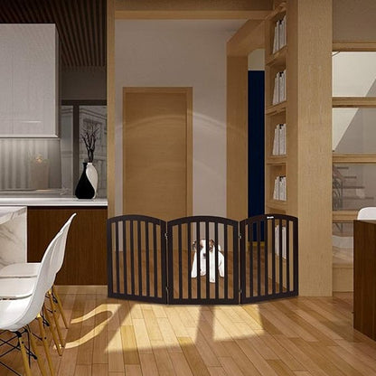 Bonnlo 3-Panel Wooden Free Standing Pet Gate for Dogs, 30'' Tall Dog Gates for The House, Doorways & Stairs, Dog Fences Indoor Puppy Gate with 3 Foot Supporters, Up to 61” Wide, Espresso
