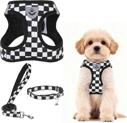 PUPTECK Adjustable Dog Harness Collar and Leash Set Step in No Pull Pet Harness for Small Medium Dogs Puppy and Cats Outdoor Walking Running, Checkered Black&White S