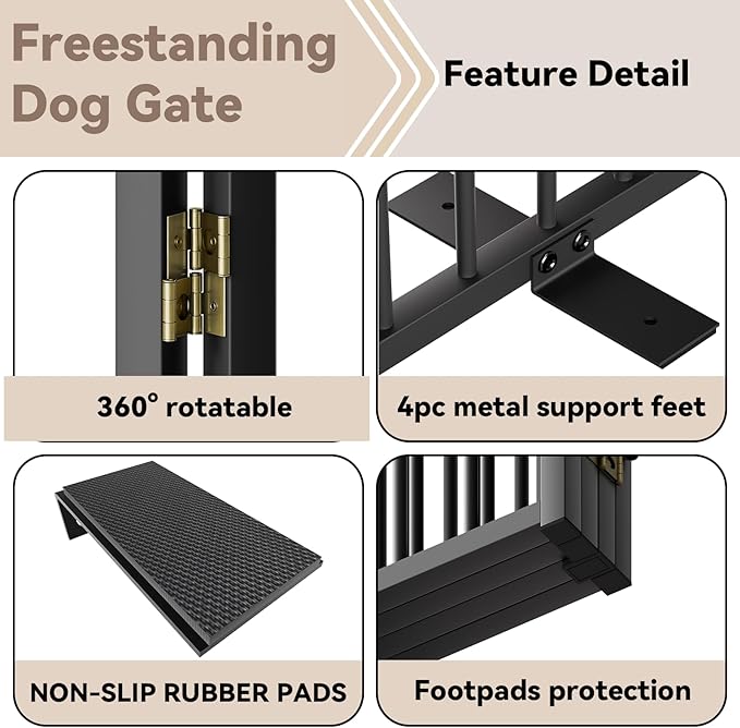 SNUOWU Full Metal Freestanding Dog Gate with Door, 36''Height Foldable Pet Dog Fence for Indoor & Outdoor, 2 Panels Extra Wide Free Standing TallDog Gates for Doorways,House,Stairs,Porch,Deck,Yard