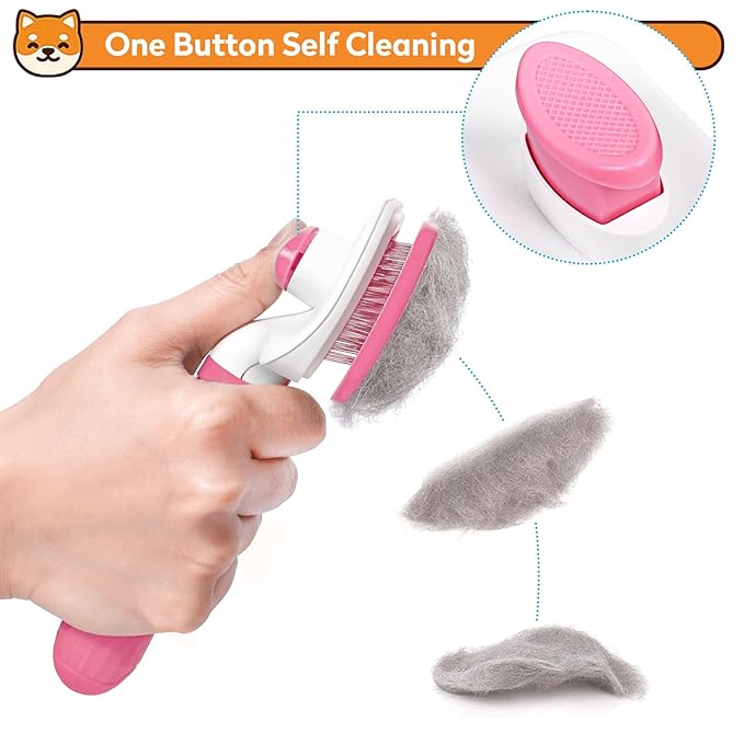 Dog & Cat Brush Kit 2PCS, Self Cleaning Slicker Brush for Pets, Upgraded Dog Brush for Shedding Massaging and Grooming, Removes Loose Undercoat & Portable Comb for Long Short Haired Dogs(Pink)