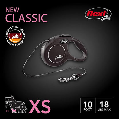 FLEXI® Classic XS Cord Retractable Dog Leash (Black)-10 ft for Extra Small, Tiny Dogs up to 18 lbs| Ultra Compact Pocket-Size, 3-Finger Grip, German Quality| Tangle-Free, One-Hand Brake, Pause & Lock