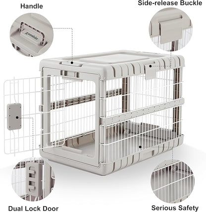 ZOMISIA Collapsible Dog Crate for Dogs - 28" L Heavy Duty Dog Kennel No Tools Required with 4 Sides Steel Foldable Cage for Dogs Indoor Furniture, Portable Carrier with 2 Smooth Wheels, Beige
