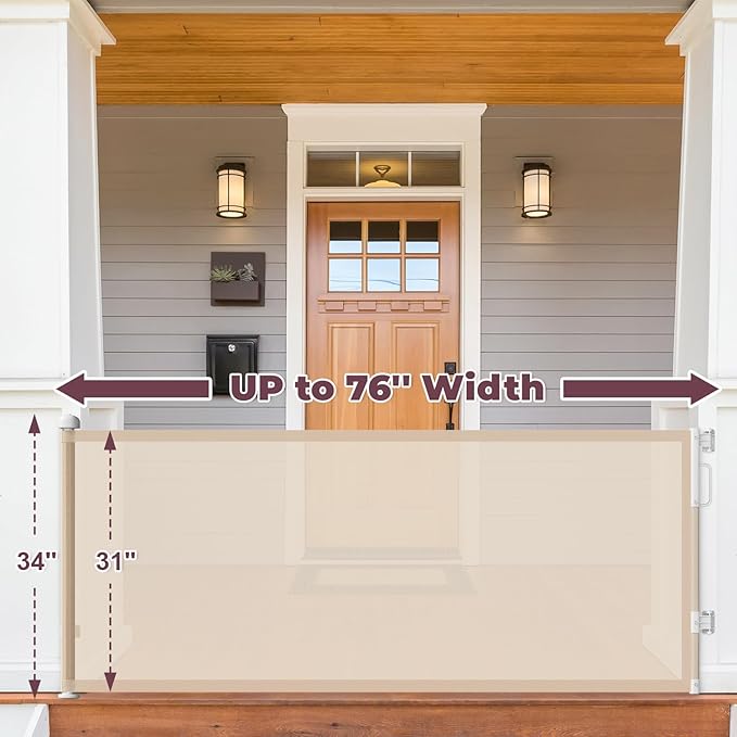 76" Retractable Baby Gates Extra Wide, Mesh Long Dog Gate for Wide Openings, Indoor Outdoor Stair Gate for Doorways Hallways Deck Porch, Child Pet Safety Essentials for Home, Beige