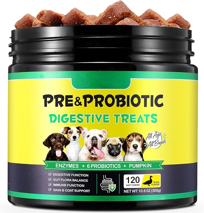 Dog Probiotic Chews, Duck Flavor Chewable Tablets for Dogs, Gut Health & Digestive Support with Probiotics & Prebiotics, Helps with Occasional Loose Stool, Gas & Sensitive Stomach, for All Breeds