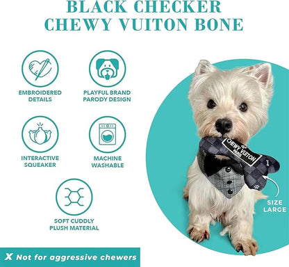 Haute Diggity Dog Chewy Vuiton Bone Plush Squeaky Dog Toy, Soft Durable Designer-Inspired Stuffed Puppy Chew Toys for Small & Medium Dogs, Machine-Washable (Black Checker) Small