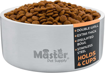 Master Pet Supply Stainless Steel Dog Bowls - 32 oz, Heavy Duty - Stainless Steel, Double Wall Extra-Thick Insulated, Non-Slip Pet Water Bowl for Dogs, Cats & Pets, Anti Rust Metal, Dish Washer Safe